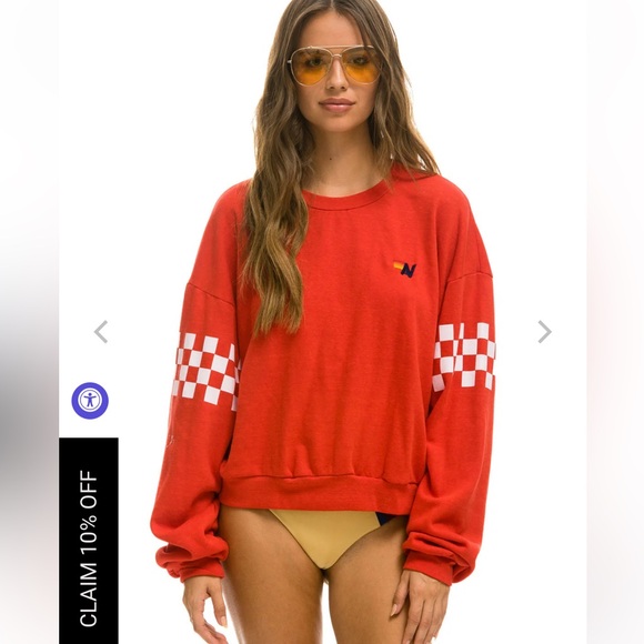Aviator Nation Red/White Checkered Sleeve Sweatshirt - Picture 1 of 5